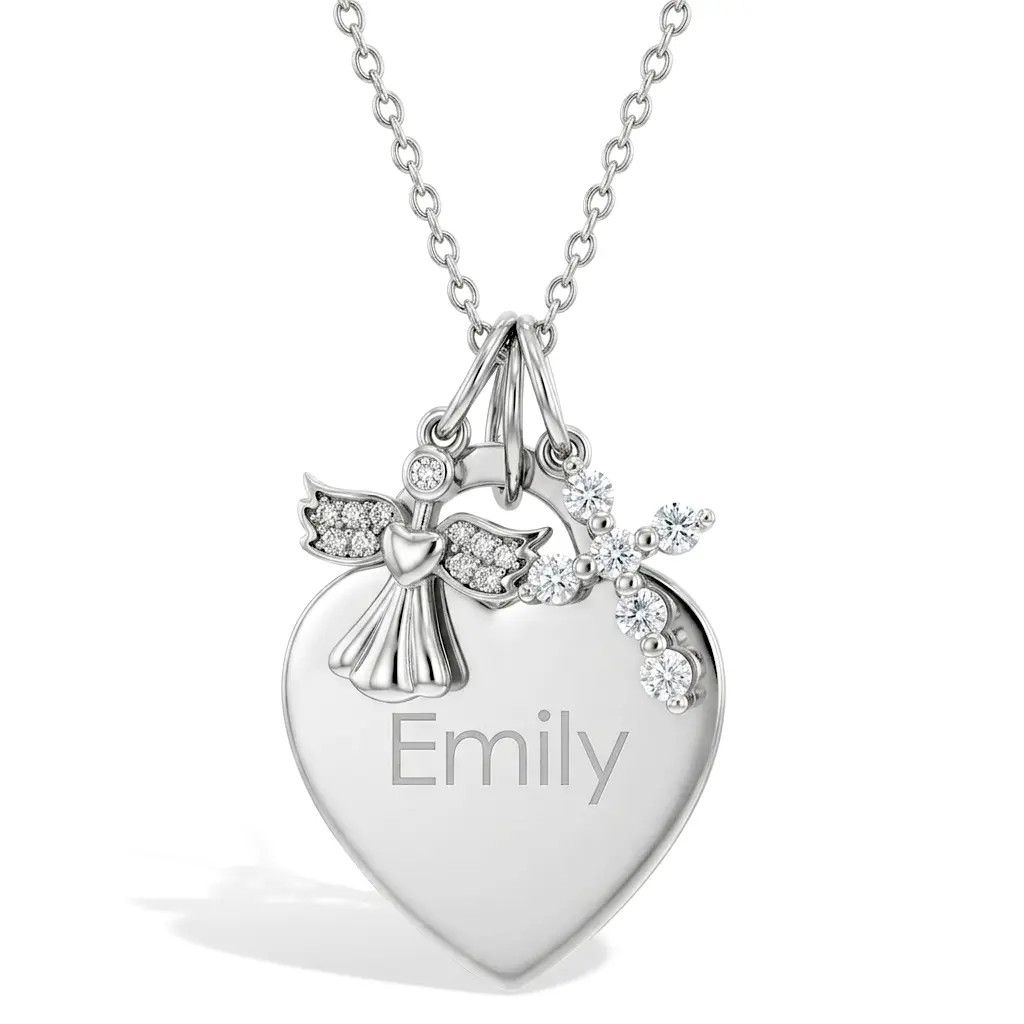 Guardian Angel & CZ Cross Heart Toddler / Kids / Girls Pendant/Necklace Engravable Personalized - Sterling Silver
