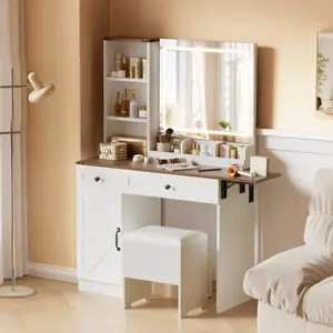 Modern Makeup Vanity Set with Adjustable LED Mirror,Vanity Desk with Stool, Dressing Table Set Furniture Organization