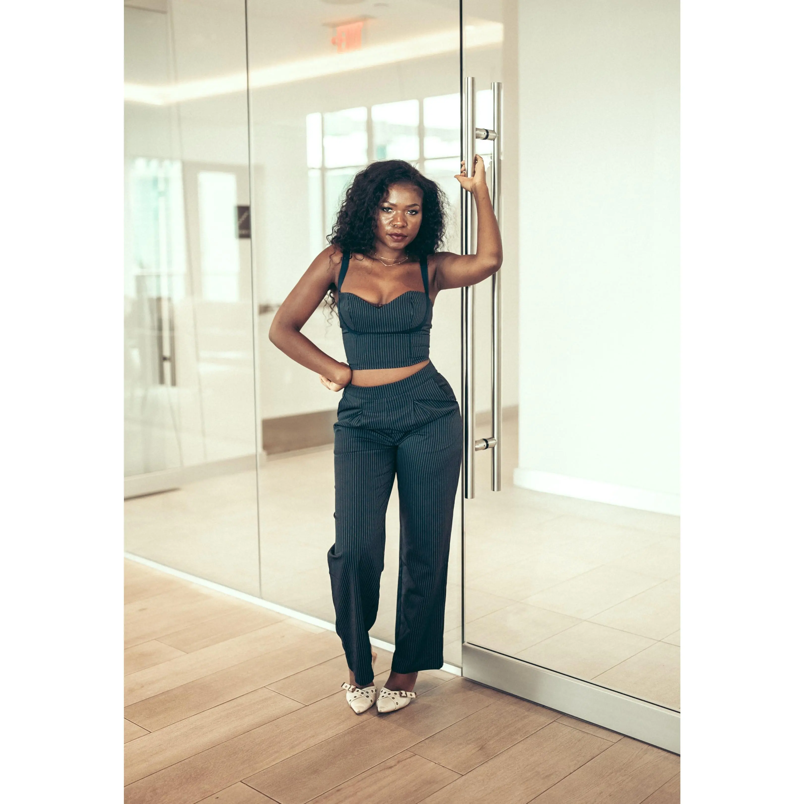 Navy Blue Pinstripe Corset Crop Top & Wide-Leg Pant Set
