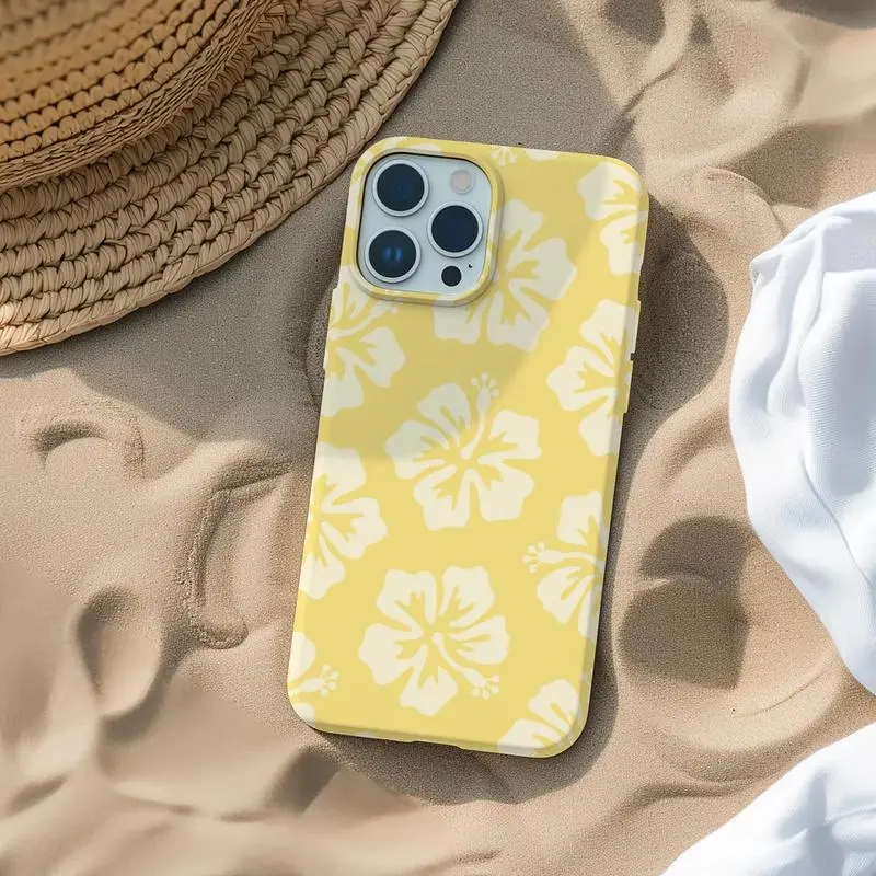 Yellow Hibiscus Phone Case, Cute, Pastel, Tropical, Summer Compatible with Apple iPhone 11, 12, 13, 14, 15, 16, 17 Pro Max Plus Mini - Coconut Girl Surfer Vibe Beach Core Reinforced Corner Protection