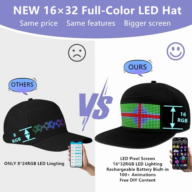 Customizable LED Hat Baseball Cap with Bluetooth – Display Your Message in Full Color! 16×32 Bright Perfect for Parties, Events, and Gifts App App Controlled Multifunctional
