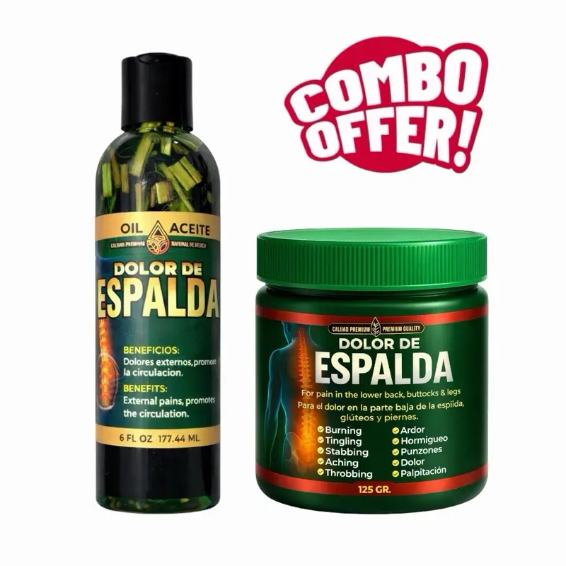 VIRAL Combo Dolor De Espalda + Oil Aceite Dolor De Espalda – Pain Relief Combo | Knee, Sciatic, Lumbar, Cramps & Varicose Support | Natural Herbal Oil + Extra Fuerte Gel | 6 FL OZ + 125 G