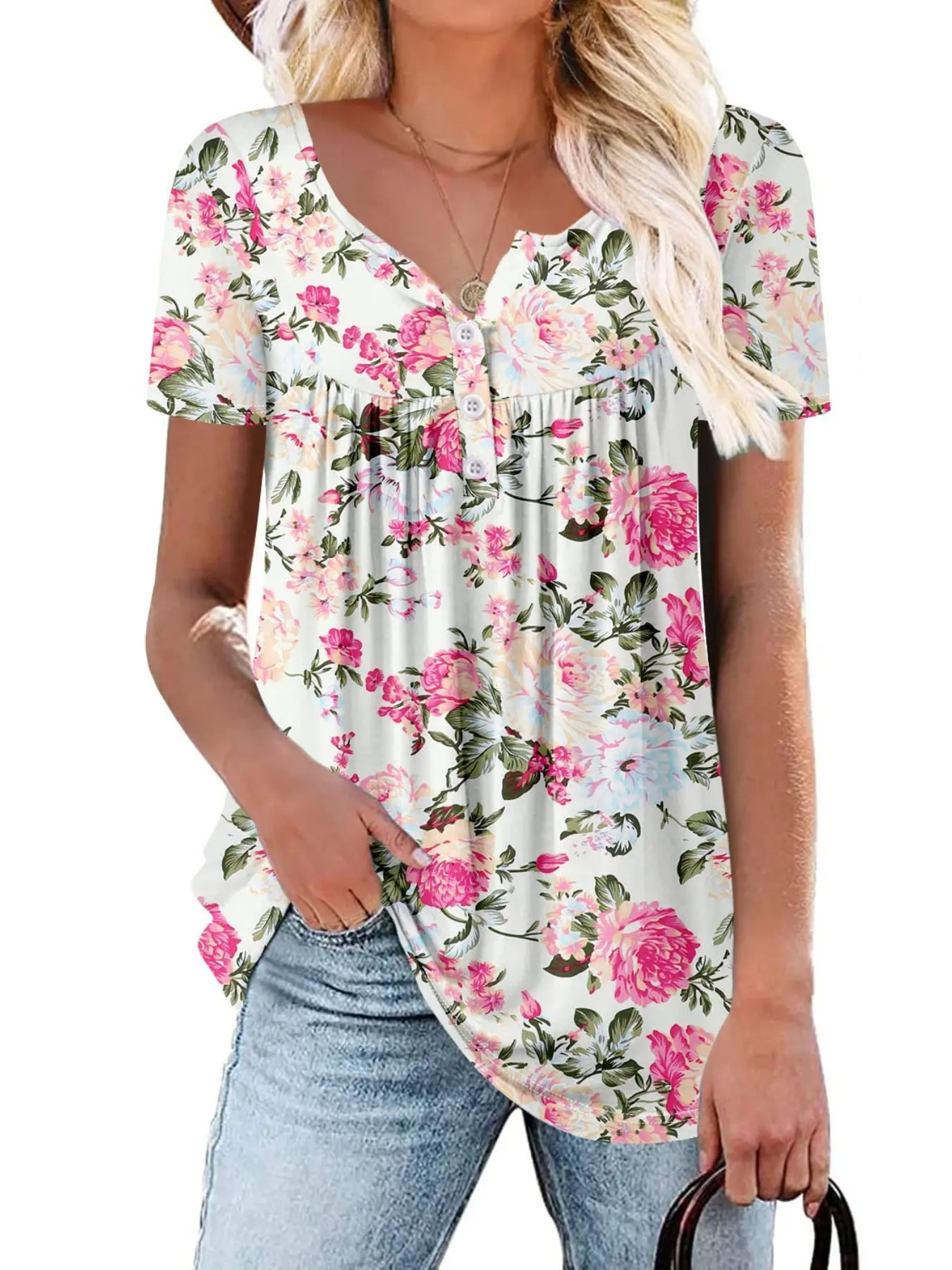 Women's Plus Size Henley Neck Short Sleeve Top, Floral Print Design, Casual Fashion T-Shirt for Travel and Home Relaxation Womenswear, Casual Classy Top, Boho Casual Top, Boho Flowy Tops