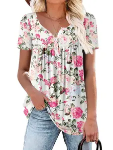 Women's Plus Size Henley Neck Short Sleeve Top, Floral Print Design, Casual Fashion T-Shirt for Travel and Home Relaxation Womenswear