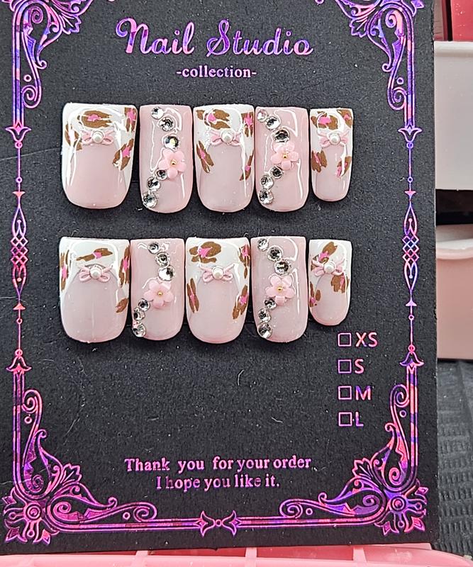 Custom Leopard Print French Tip Nails Set for Nail Art - Short Square Pink and White Press Ons
