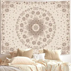Boho Floral Mandala Tapestry Wall Hanging Bohemian Flower Medallion Tapestry Aesthetic Beige Brown Hippie Indian Small Tapestries for Bedroom Living Room Dorm Decor Landscape Retro Swiss
