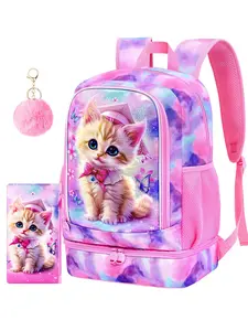 2-in-1 Cat Bookbag for Girls, 17" Kids Backpack Set with Bottom Lunch Compartment and Pencil Bag, School Bag for Elementary Preschool Toddler