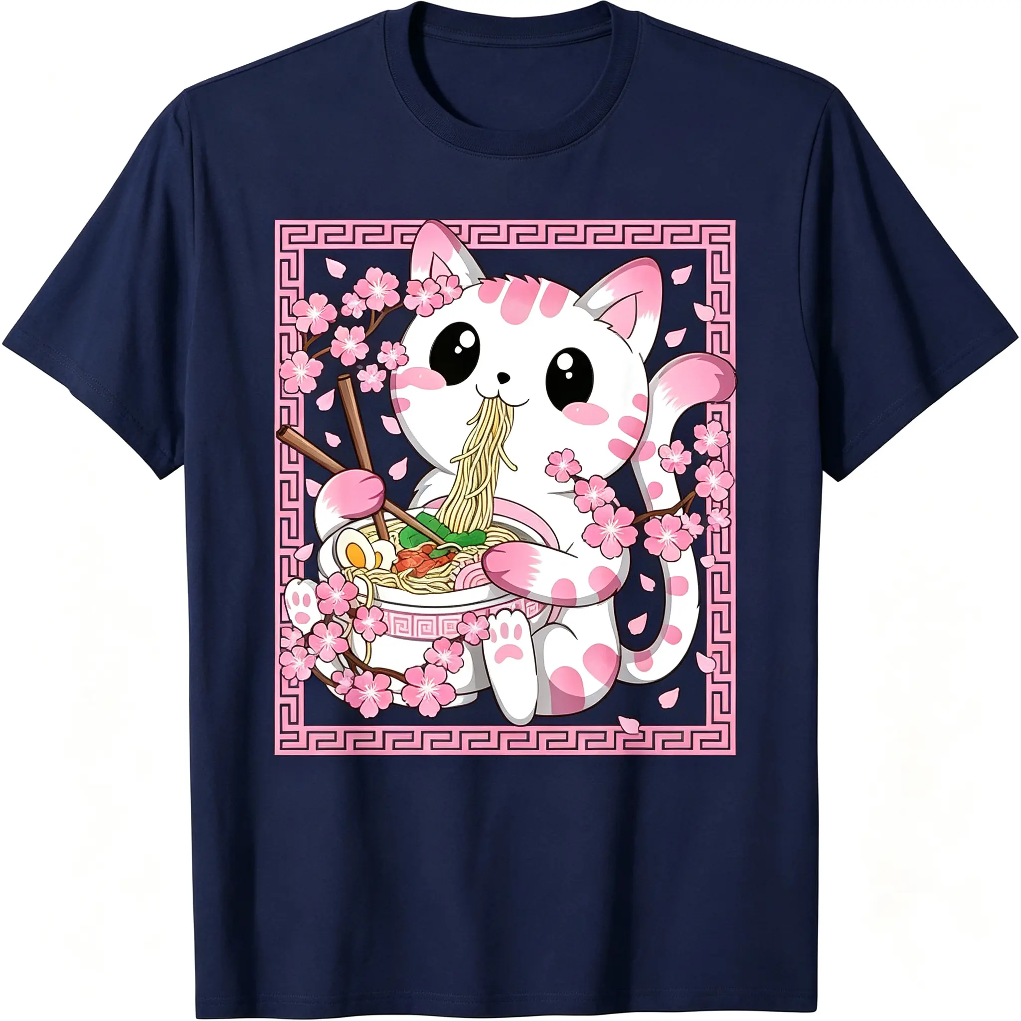 Cute Anime Cat Ramen Japanese-Style Cherry Blossom T-Shirt for Women and Girls