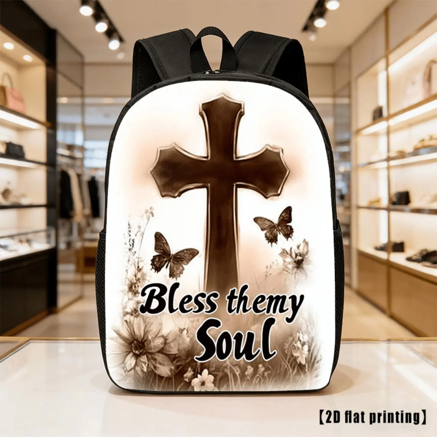 Cross Flower Print School Backpack, Lightweight Large Capacity Laptop Rucksack with Customizable Straps & Dual Side Pockets, Unisex Bag for Daily Commute Hiking Outdoor Adventure, Ideal Back to School, Birthday, Xmas, Halloween & Thanksgiving Holiday Gift