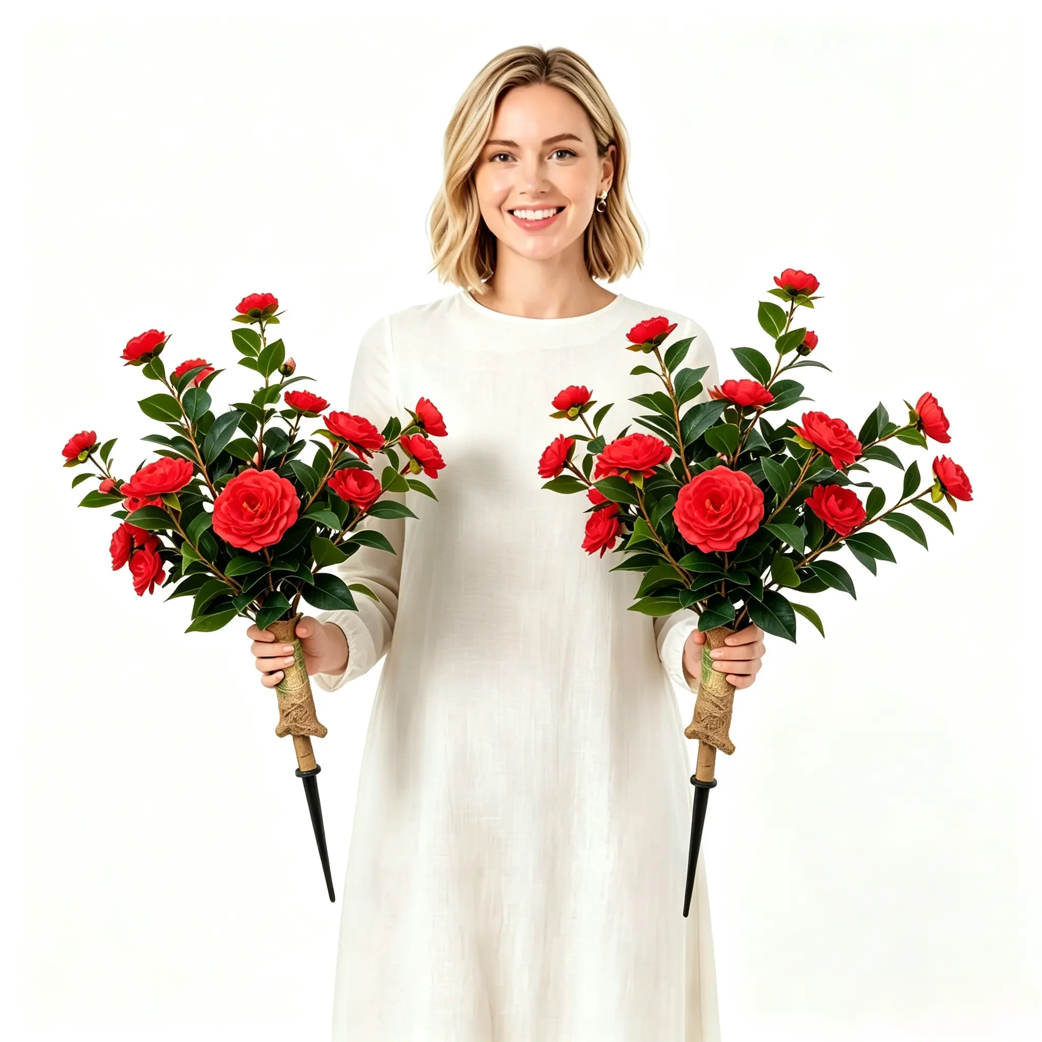 1Pack UV-Resistant Red Artificial Camellia Tree with Ground Spike, Faux Camellia Flower Bush, Artificial Flowers for Outside, Ideal for Indoor Outdoor Wedding Front Door Decor