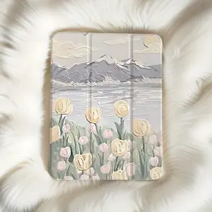 Tulip flower pattern, with adjustable bracket and pen slot, foldable non-slip TPU protective case, suitable for iPad mini, iPad Air, iPad Pro/iPad 10th generation, 11th generation and other series of iPad protective cases