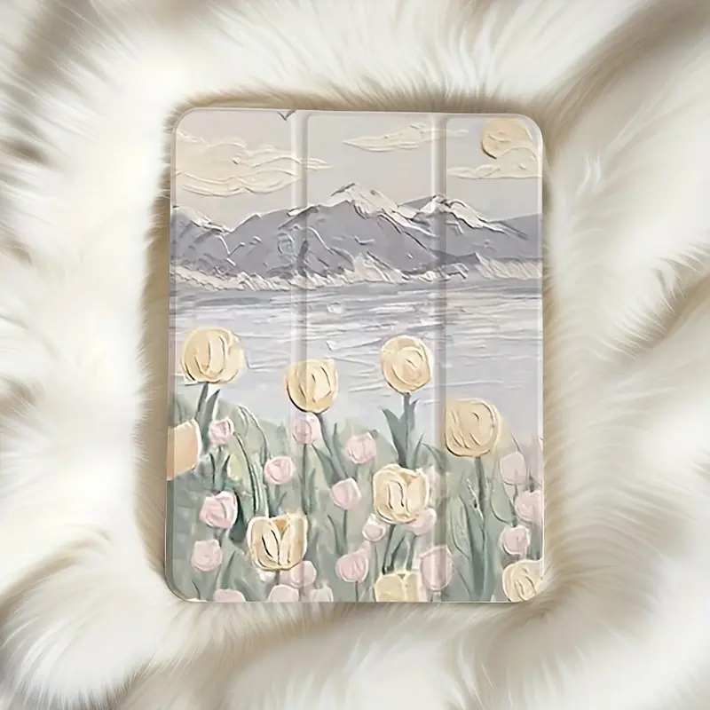 Tulip flower pattern, with adjustable bracket and pen slot, foldable non-slip TPU protective case, suitable for iPad mini, iPad Air, iPad Pro/iPad 10th generation, 11th generation and other series of iPad protective cases