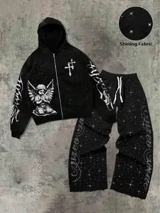 Men's Spring Autumn New Trendy Long Pants Long Sleeve Sweatshirt Set, Full Star Rhinestone Print Design, Daily, Fashion Party Wear
