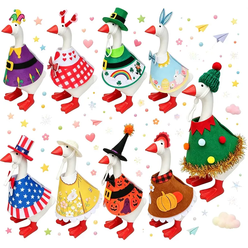 Soft Felt Desk Goose Outfit Accessory Set - 9-Piece 7in Hat & Soft Yarn Clothes, Colorful Cute Ornament for Magnetic Desk Geese/Duck Statues, Festive Wear Ideal Gift for Quirky Lovers, Halloween Decor
