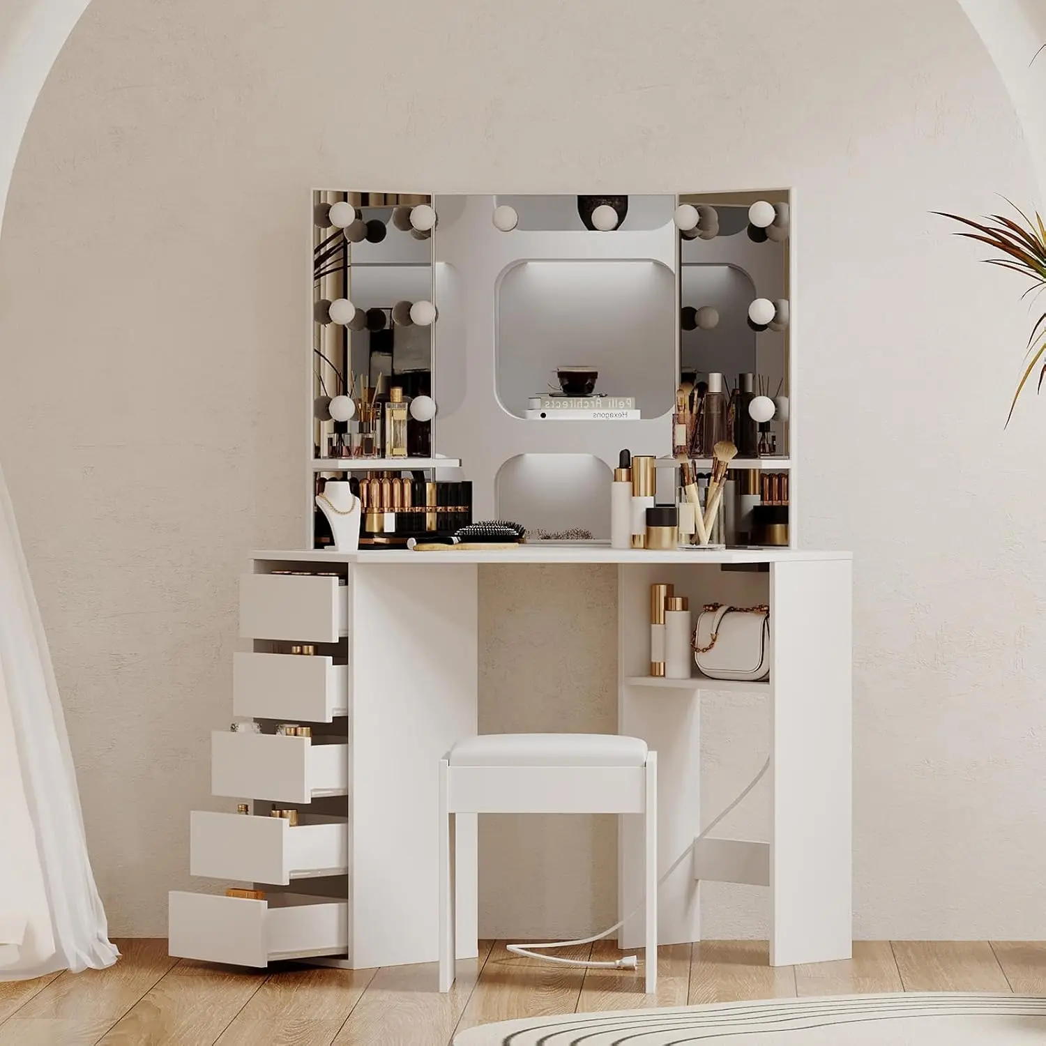 Corner Vanity and Stool, Corner Vanity Desk with Mirror and Lights, Corner Makeup Vanity with Power Outlet, 3 Color & Brightness Adjustable Light, Makeup Vanity for Girls and Women