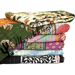 Kantha Quilt -  Reversible  Throw Blanket with Assorted Patchwork | Boho-Style Decorative Bedding for Sofa, Couch, Bed & Picnic | 1 count