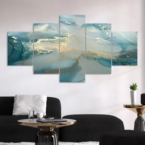 5 Counts Unframed Canvas Poster, Abstract Teal Gold Marble Ink, Exquisite Poster, Perfect Living Room Decoration, Modern Art, Fashion Family Poster, Wall Art Decoration, Odorless, Waterproof, Artwork