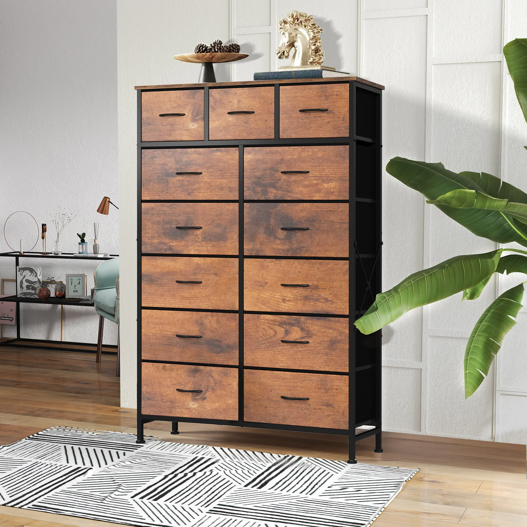 Sweetcrispy S-13-Drawer Fabric Drawer Dresser Chest, Modern Indoor Furniture Cupboard with Sturdy Steel Frame, Wood Top for Bedroom, Living Room, Fabric Drawer Dressers Home Storage Cabinet