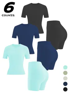 Six-Piece Short-Sleeve Shorts Set, Slim Fit Nylon Round Neck High-Waisted Tight-Fit Shorts, Quick-Dry Fitness Outdoor Running Sportswear