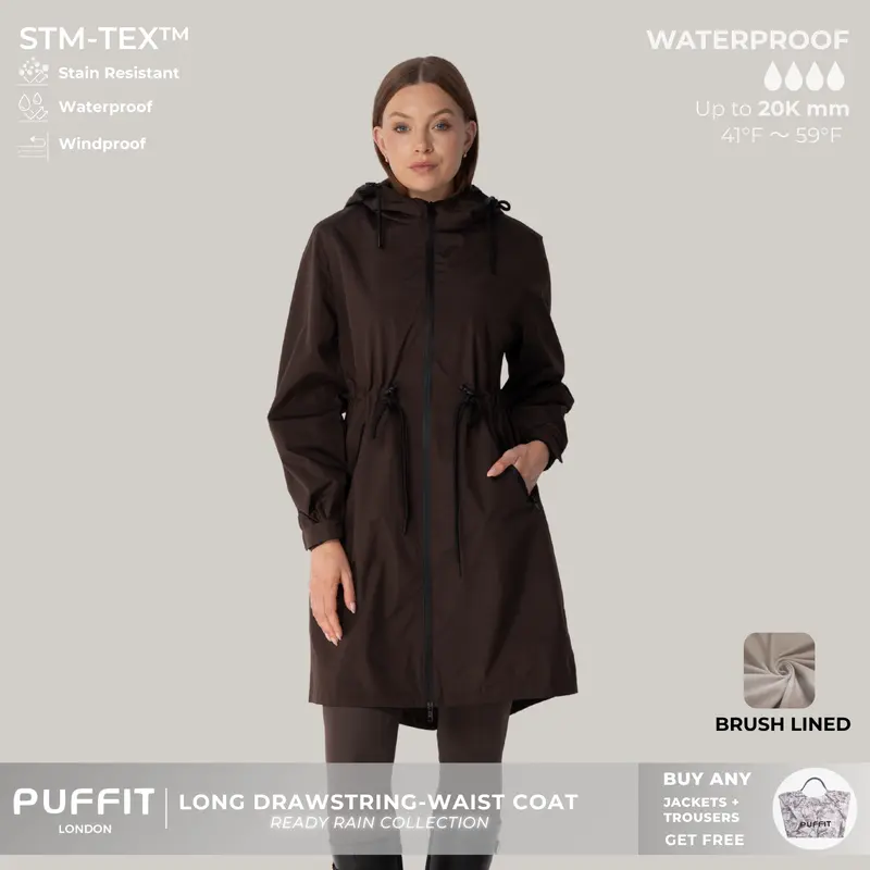 PUFFIT STM-TEX ST200 Long Length Ultra Waterproof Raincoat With Warm Brushed Lining And Drawstring Waist,High-Density Water-Resistant Material & Plush Lining,Shell Jacket,Windbreaker,Fall&Winter Jacket,Dog Walking,School Running,Womenswear,2026 Shopping
