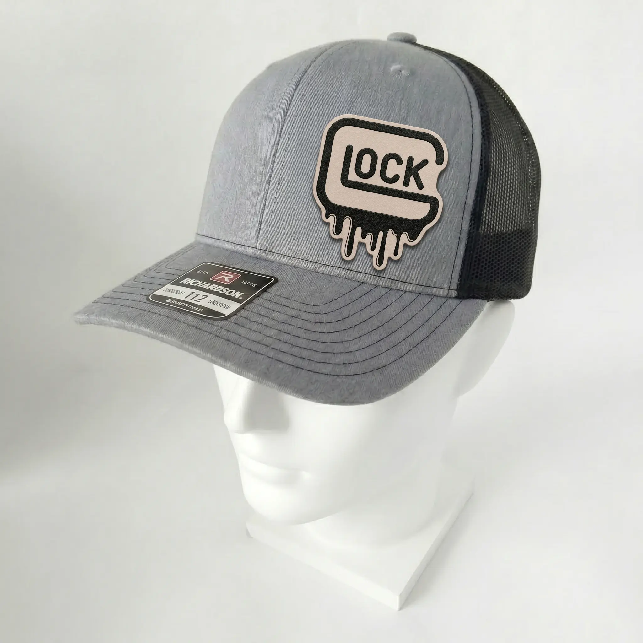 GLOCK Richardson 112 Trucker Hat with Full Color Printed Leather Patch Drip Logo Snapback Cap for Men Women Outdoor Range Lifestyle Tactical Style Gift for Dad Husband Boyfriend Birthday Father's Day