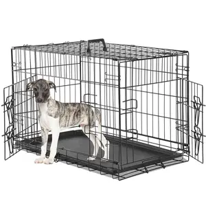 Medium Dog Crate with Divider Panel, 30 Inch Double Door Folding Metal Wire Dog Cage with Plastic Leak-Proof Pan Tray, Pet Kennel for Indoor, Outdoor, Travel