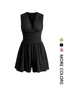 Women's Plain Ruched Deep V Neck Tank Romper, Elegant Sleeveless Romper For Summer, Fashion Casual Ladies Clothes For Daily Wear
