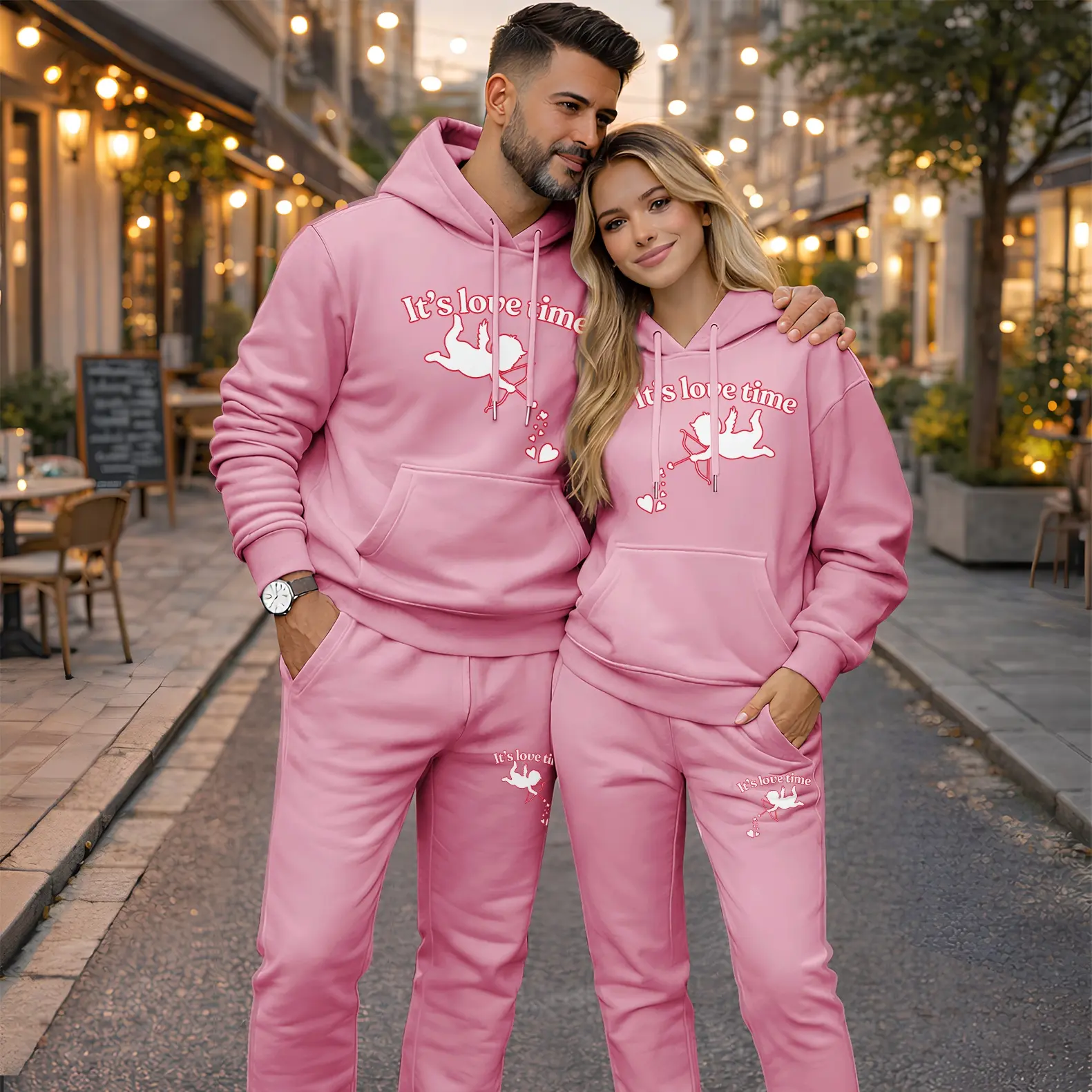 Men's 2-Piece Minimalist Polyester Cupid Print Hoodie & Drawstring Bottoms Set - Casual Long-Sleeve Hooded Sportswear Tracksuit for Autumn, Winter Everyday Wear