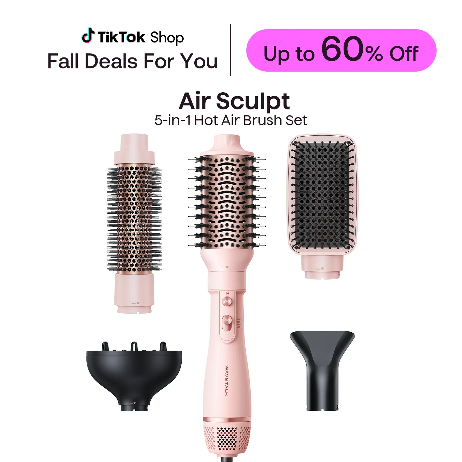 Wavytalk Air Sculpt 5-in-1 Hot Air Brush Set, Multi-Styler for Salon Blowouts, Defined Curls, Volume Boost & Frizz-Free Straightening, Pink