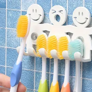 Colorful Space-Saving 1pc Wall-Mounted Toothbrush Holder - Cute Cartoon Smile Design, PVC, No Drilling Required, Suction Cup, Organizer for 5 Toothbrushes, Bathroom Accessory, Toothbrush And Toothpaste Holder