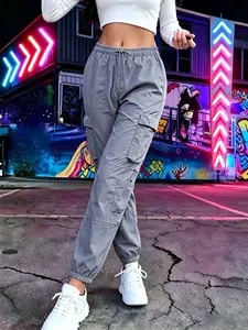Women's Y2K Multi-Pocket Lightweight Cargo Pants, High Waist Drawstring Ankle Sports Sweatpants, Casual Loose Fit Street Style Long Pants