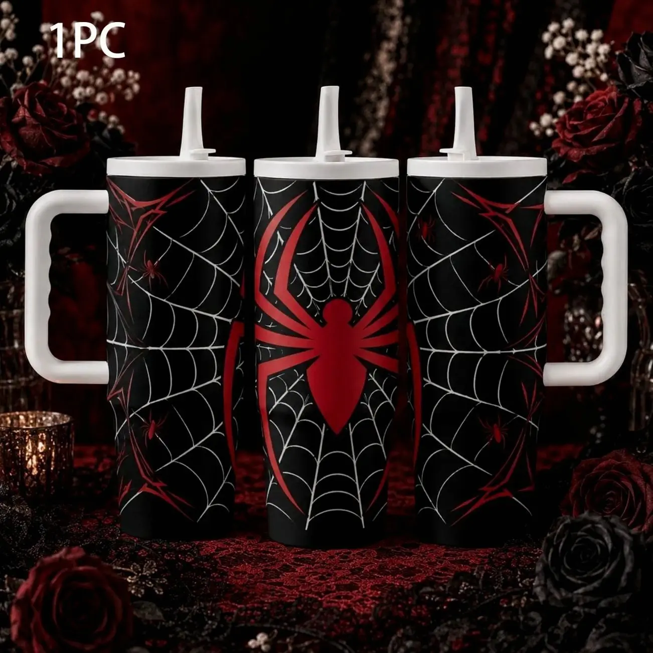 Spider-Man Gothic Spider Web Tumbler with Handle and Straw, Large Capacity Travel Cup for Hot and Cold Drinks, Insulated Design