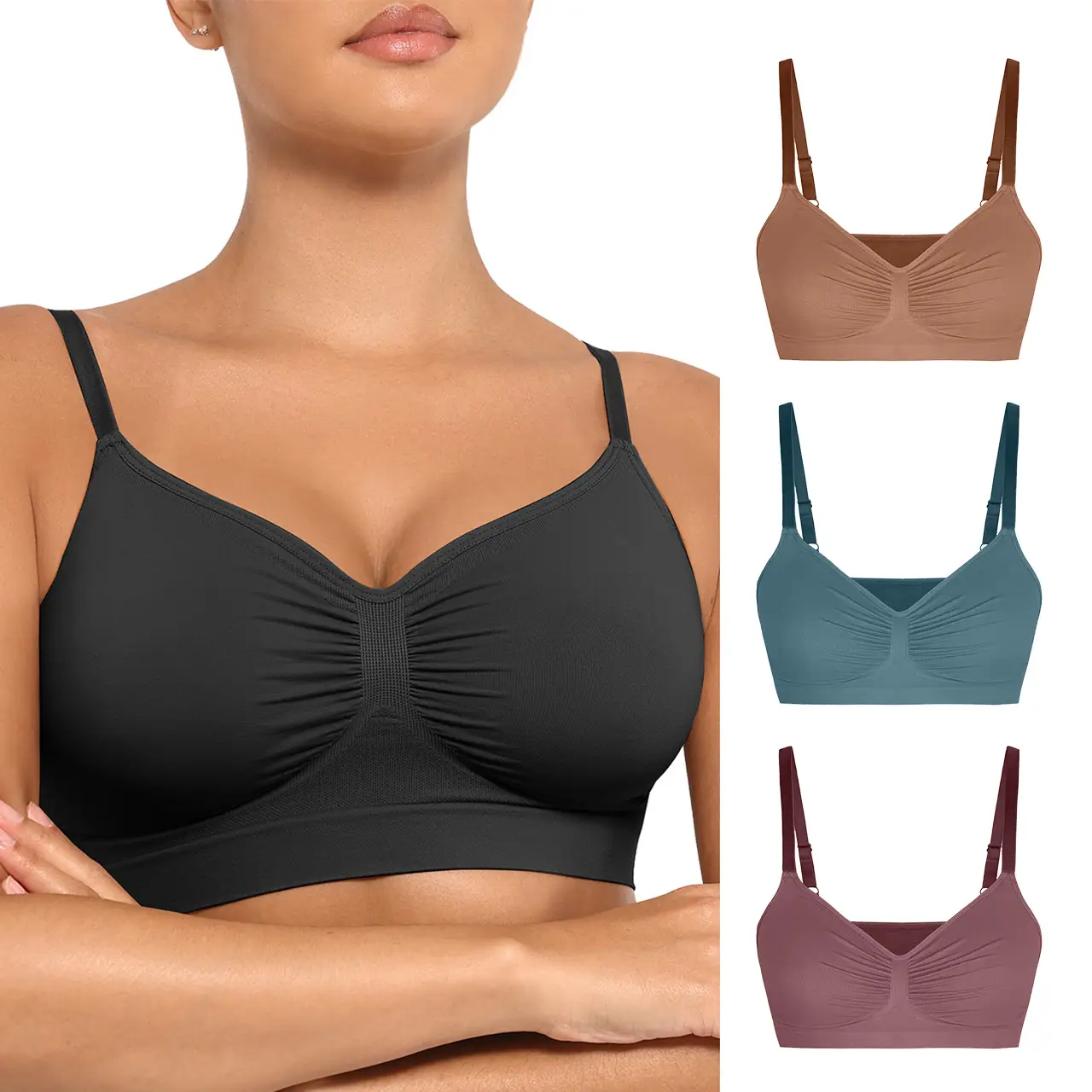 FeelinGirl Women's Wireless Sculpt Bra Comfort Bralettes Suitable for up to 44DD No Underwire Unlined Cami Bra Seamless Tshirt Bras Sports Bra 3 Eve