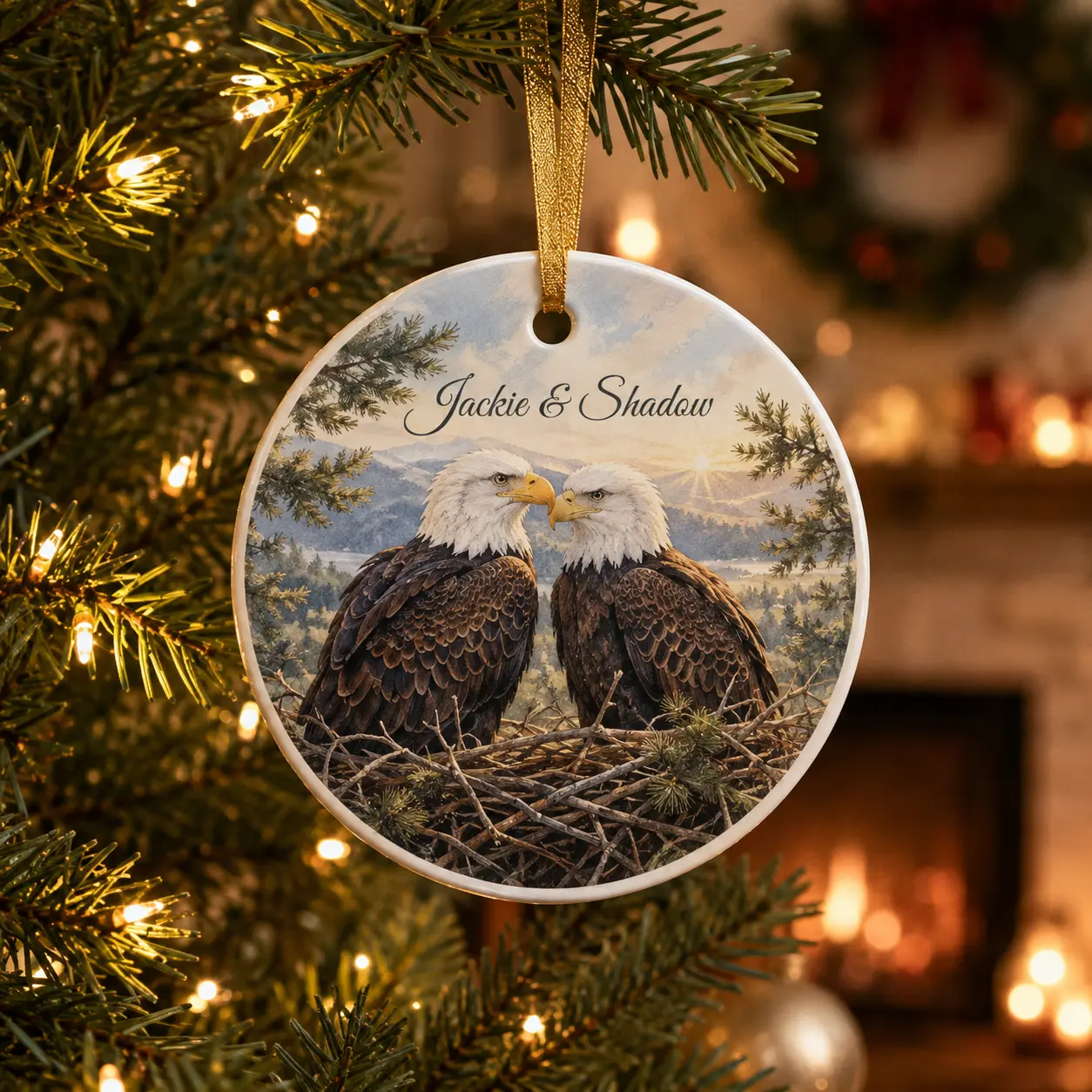 Jackie & Shadow Ceramic Christmas Ornament, Jackie Tribute Memorial Keepsake, Bald Eagle Couple Holiday Tree Decoration