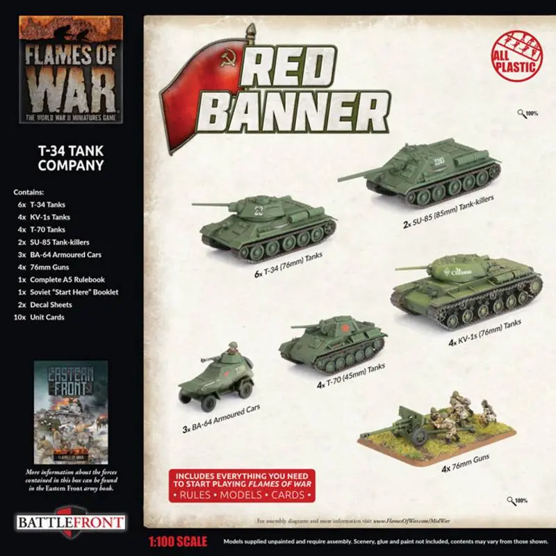 Battlefront Red Banner T-34 Tank Battalion SUAB15 - 6 Plastic T-34, 4 KV-1, 4 T-70, 2 SU-85, 3 BA-64, 4 76mm Guns, A5 Rulebook