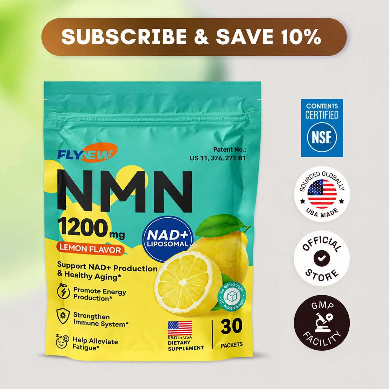 FLYNEW NMN 1200mg with Liposomal NAD+ Anti-Aging Drink Mix - 8 in 1 Formula, 30 Packets Lemon Flavor, Vegan Sugar Free