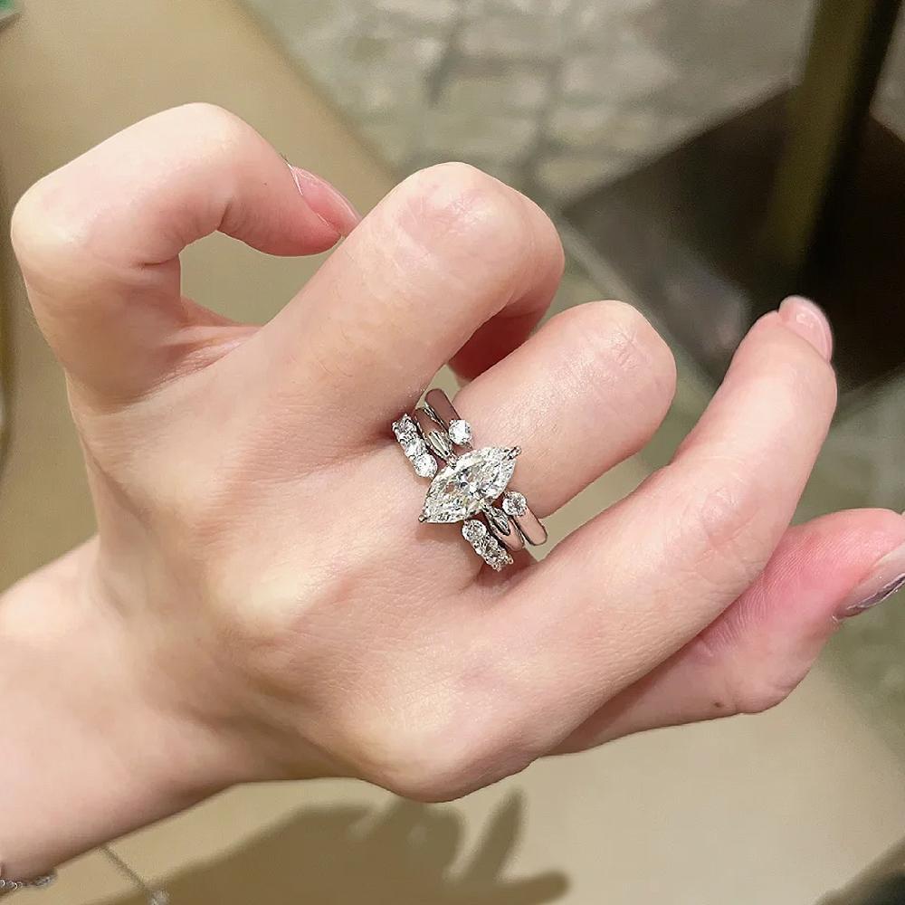 Certified Full Moissanite Wedding Bridal Rings Set for Women 925 Silver Marquise Cut Diamond Engagement Ring Eternity Band