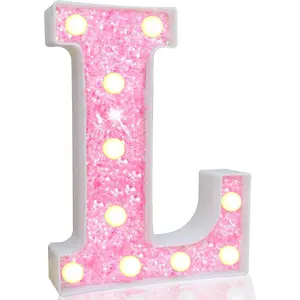 Pooqla Colorful Bling Round Pink Glitter LED Marquee Letter L Light, Battery-Powered Plastic Wall Night Light, Wedding Party Decoration Gift, 8.86"x6.5"