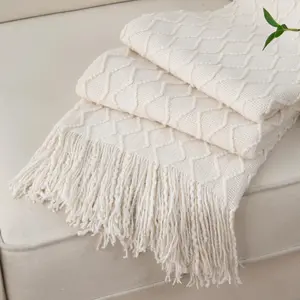 Ivory White Throw Blankets for Couch, Off White Lightweight Decorative Blankets and Throws, Boho Warm Knit for Men and Women, 50"x60"