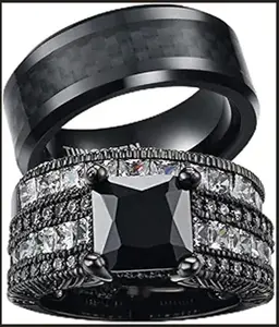 Couple Ring Bridal Sets His And Hers Women Black Gold Filled Square CZ Men Tungsten Carbide Band Wedding Ring Band Set