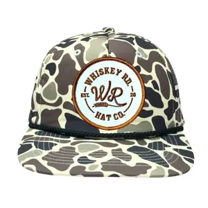 WHISKEY RD. HAT CO. Circle Logo Camo Trucker Hat – Vintage Wheat Emblem Flat Brim Snapback Cap with Embroidered Patch, Gift For Him, Gift For Her