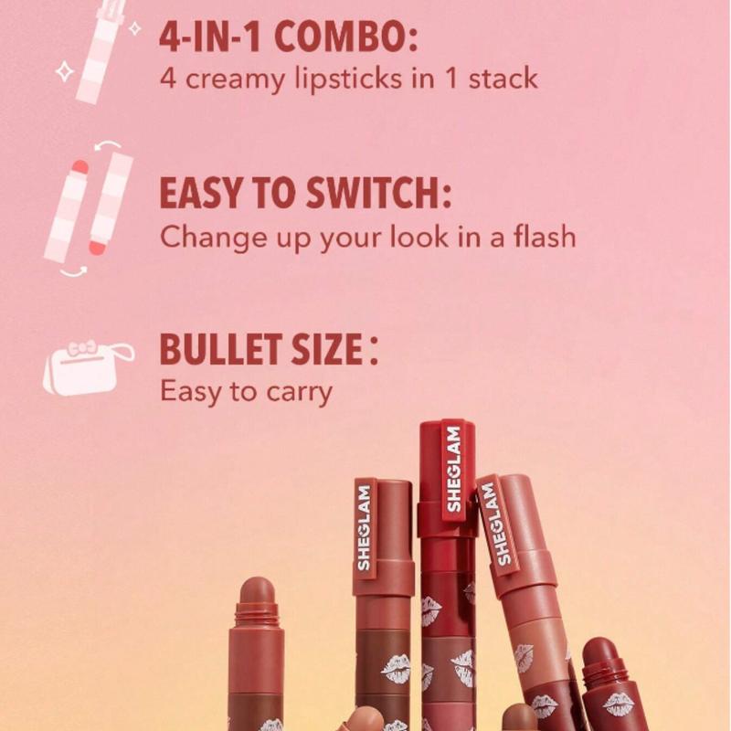 SHEGLAM Mega Lip Stacks-Pink 4 In 1 Creamy-Matte Red Lipstick Kit - Cosmetic