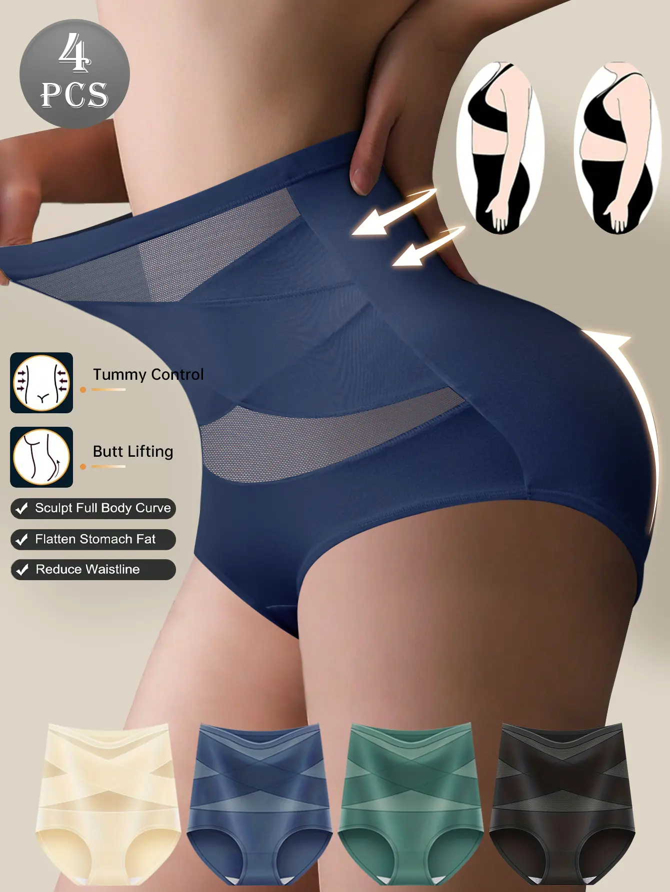 QUASTI Women's 4 Piece High Waist Crossover Spandex Briefs Set 4 Mixed Colors, Soft Elastic Fabric, Elegant Minimalist, Tummy Control, Hip Lifting, Breathable Full Coverage Seamless Everyday Essential Underwear (S XXL)