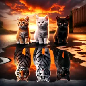 Fantasy Three Kittens With Tiger And Panther Reflections On Sunset Water Art Painting Diamond Painting 5D DIY Diamond Painting Kit Full Drill Square Round Diamonds Embroidery Art Craft Home Wall Decor Unique Gift Handmade Decorative Painting Set