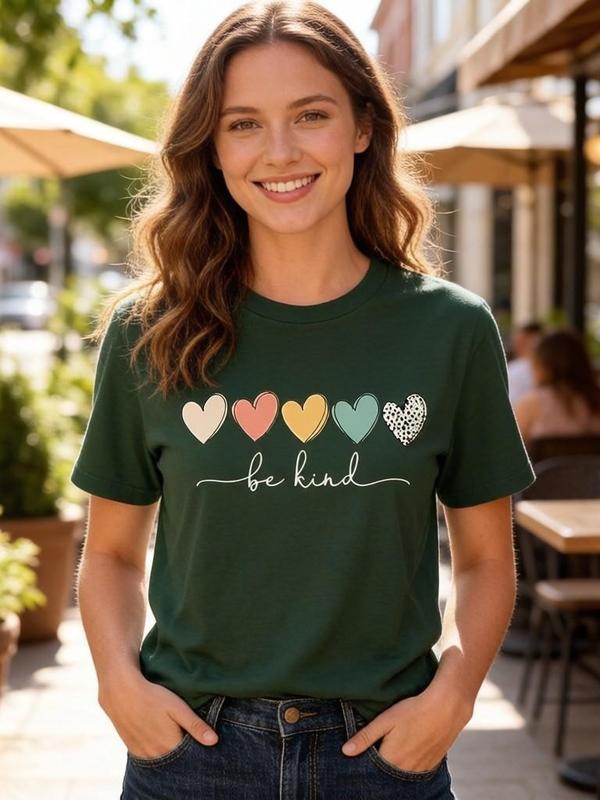 Women's Oversized Retro Leopard Hearts Graphic T-Shirt - Elastic Fabric, Crew Neck, Short Sleeves, Be Kind Print, Y2K Aesthetic, Vintage Punk Music Note, Cute Flattering Fit, Soft Summer Casual Beach Top