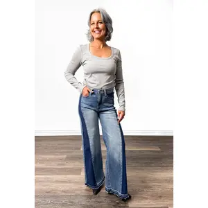 The Linda from Saige: High-Rise Tummy Control Flared Wide Leg with Released Hem Denim Jeans Flat