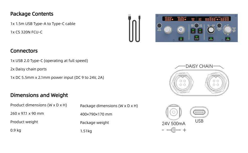 Cockpit Simulator 320 Series FCU-C, 1:1 Scale Flight Simulator Training-Inspired Control Panel, Metal Construction, USB Plug & Play, PC Compatible