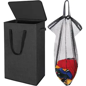 75L Slim Laundry Hamper with Lid,Large Foldable Laundry Basket with Removable Bag and Handles Tall Collapsible Dirty Clothes Basket  for Bedroom, Bathroom, Dorm, College,RV.(Black, 75L)