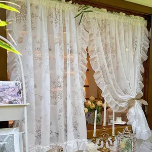 1pc Modern Minimalist Sweet Lace Trimming Curtain with Ruffles, Decorative Sheer Fabric for Dustproof and Insulating Living Room Bedroom Study