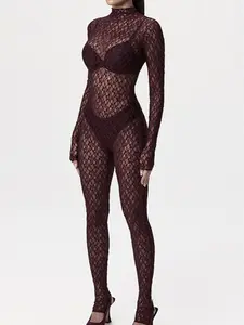 Sheer Lace Long Sleeve Jumpsuit – High Neck Allover Stretch Bodysuit